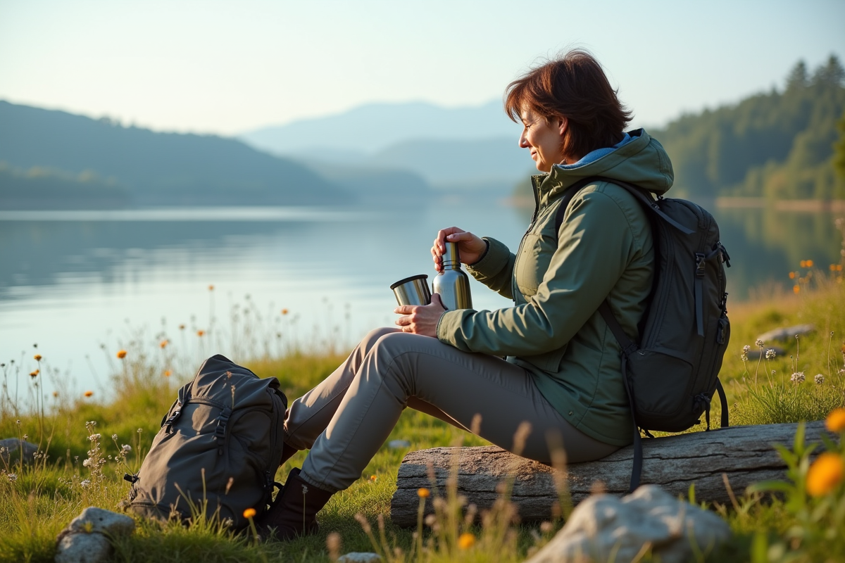 Femme buvant dans un mug en pleine nature au bord d
