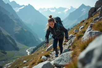 Femme en randonnée dans les Alpes avec sac à dos