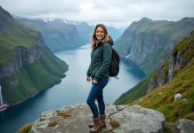 Femme souriante en randonnée au Geirangerfjord