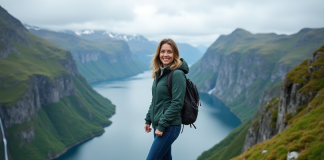 Femme souriante en randonnée au Geirangerfjord