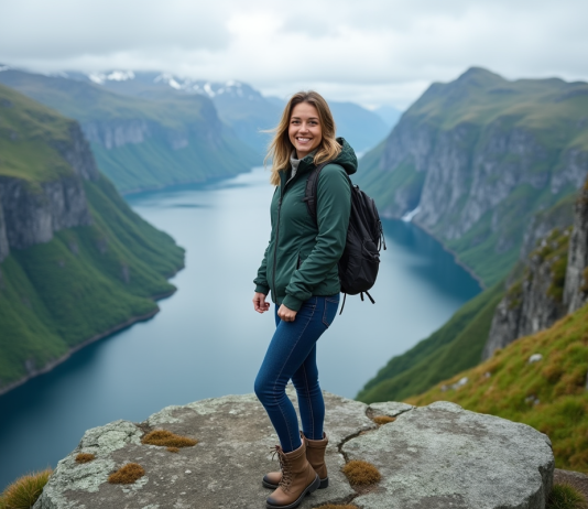 Femme souriante en randonnée au Geirangerfjord