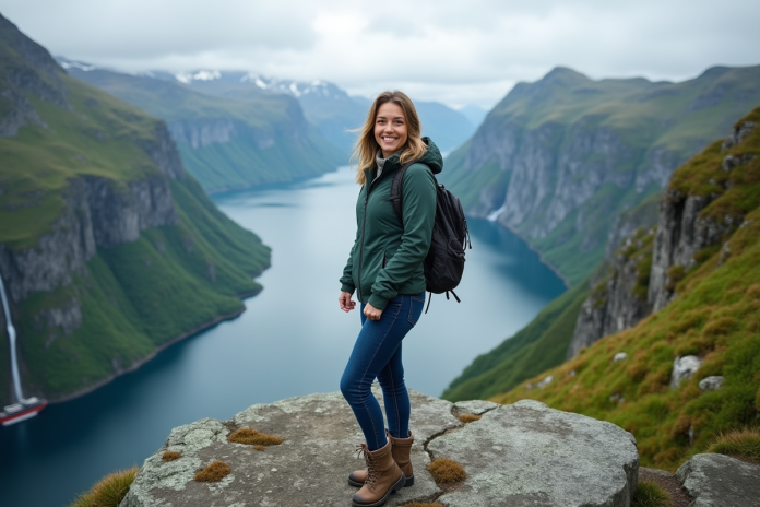 Femme souriante en randonnée au Geirangerfjord
