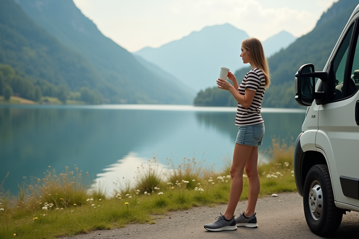 Jeune femme buvant un café au bord du lac