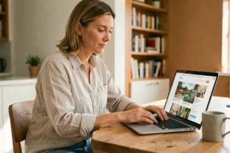 Femme cherchant des locations de vacances pas chères sur un ordinateur portable