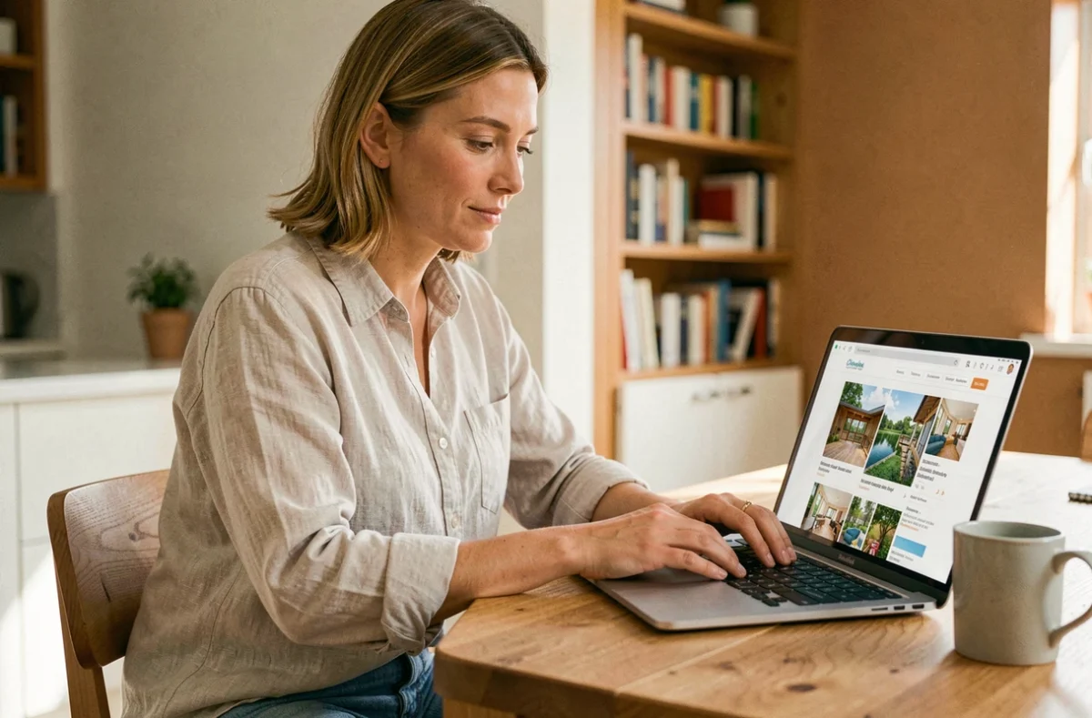 Femme cherchant des locations de vacances pas chères sur un ordinateur portable