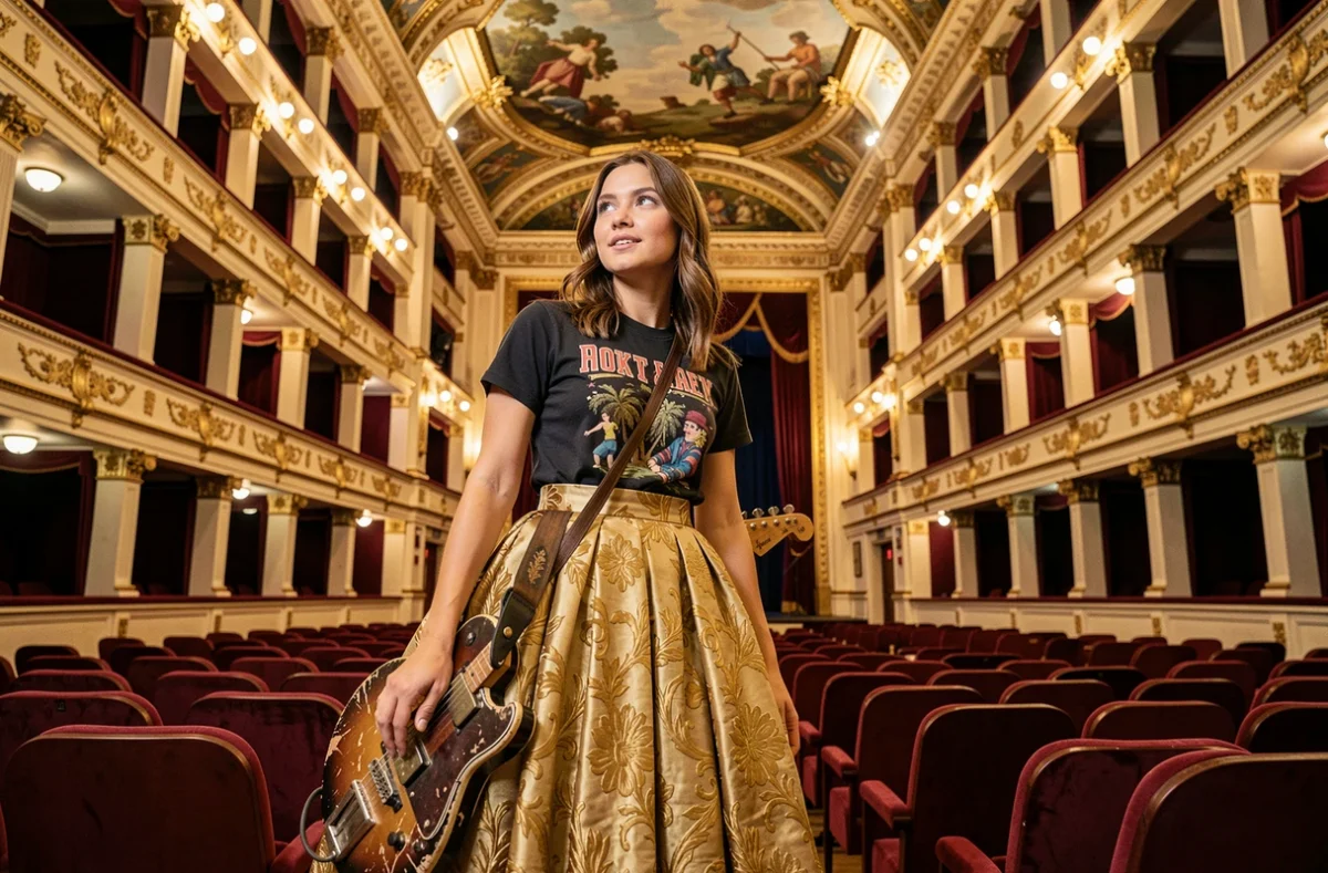 Jeune femme alliant style rock et baroque dans un opéra classique européen, tenant une guitare électrique face à une scène ornée