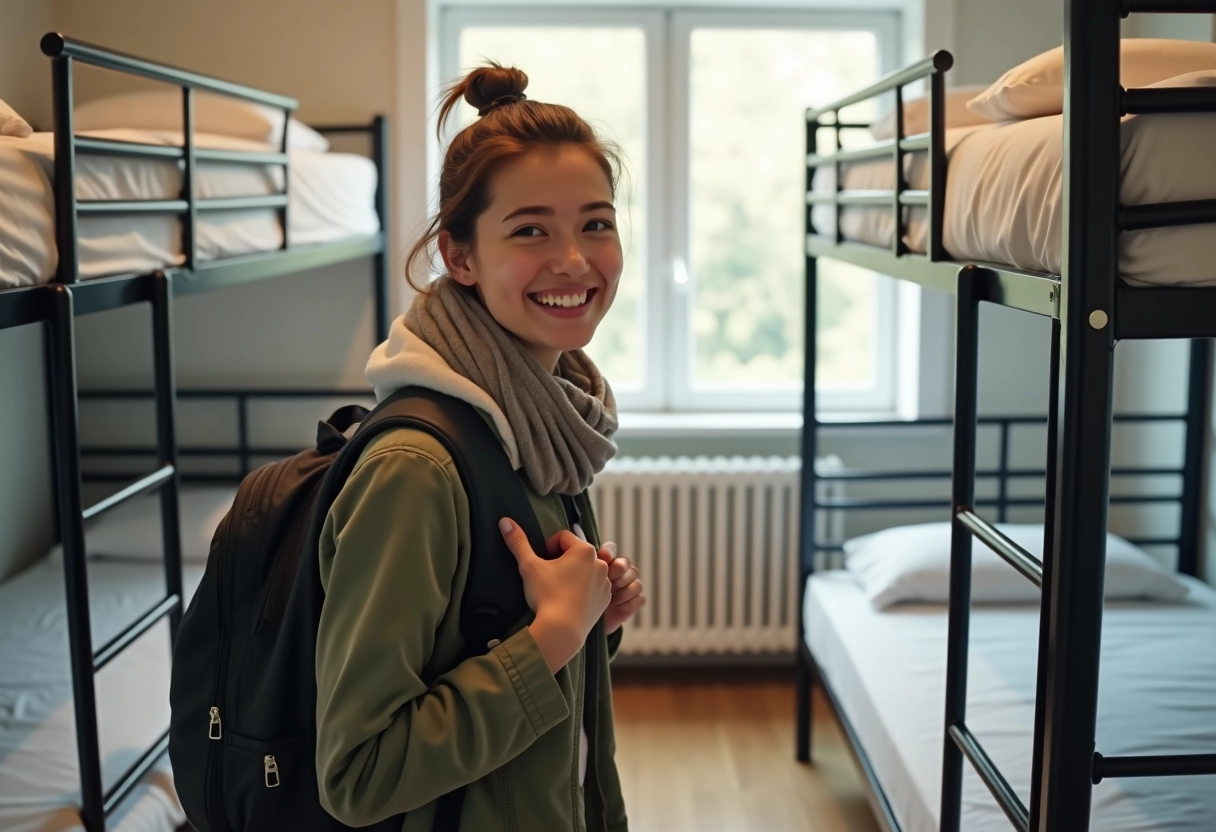 Femme voyageuse faisant son lit dans une auberge lumineuse