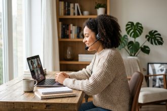 Femme souriante en sweater à la maison devant son ordinateur