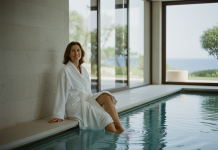 Prendre soin de soi à La Grande Motte : les bienfaits de la thalasso Femme en robe blanche dans spa thalasso calme