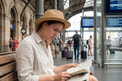 Jeune femme lisant une carte dans une gare européenne