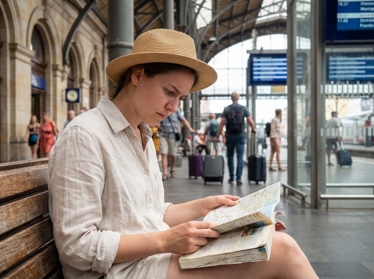 Jeune femme lisant une carte dans une gare européenne