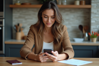 Femme assise à la cuisine vérifiant son téléphone