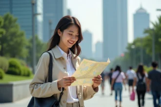 Jeune femme avec carte à Guangzhou près de la tour Canton