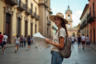 Jeune femme curieuse devant la cathédrale de León au Nicaragua