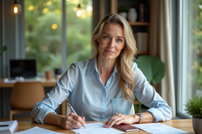femme-travail-bureau-dossier Femme d'âge moyen travaillant à son bureau à domicile
