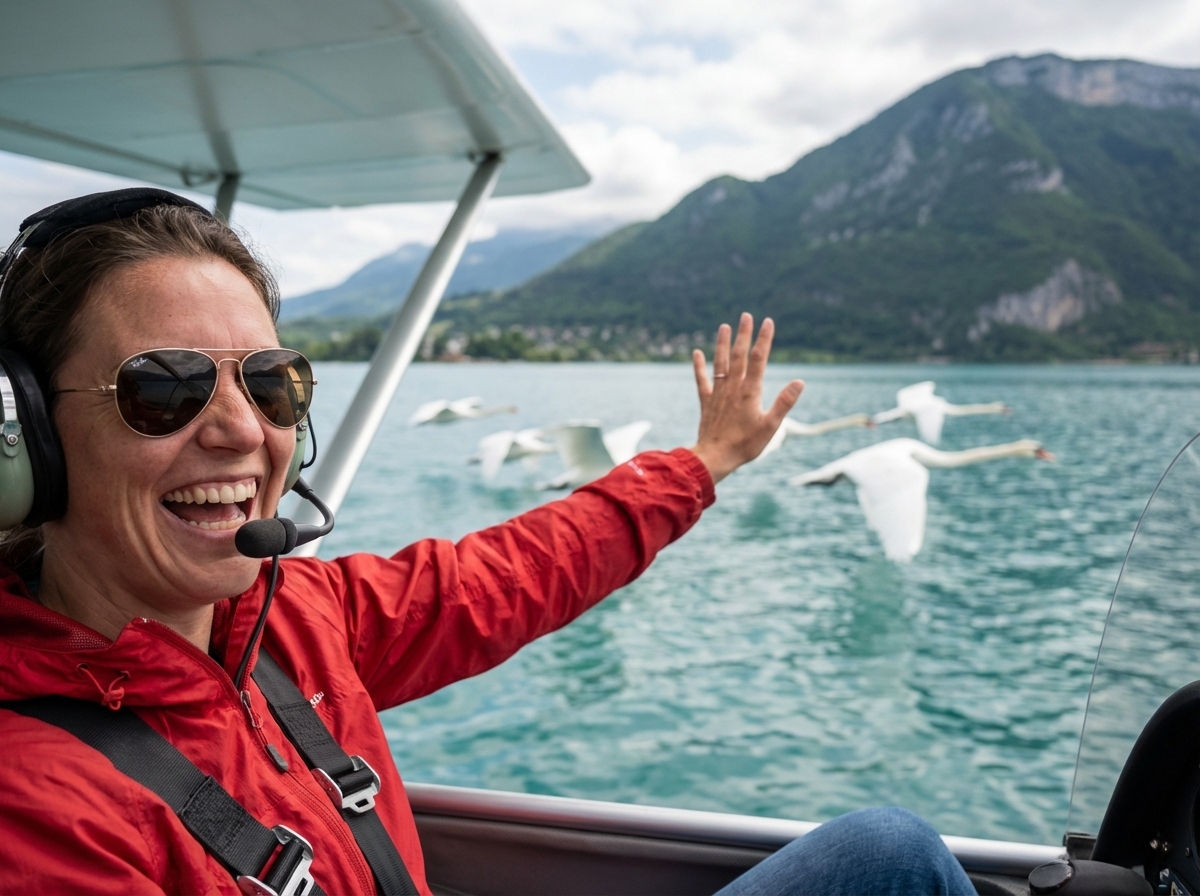 Femme saluant dans un ultralight au-dessus du lac Annecy