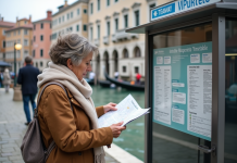 Horaires et fréquences du vaporetto à Venise : consultez les départs Femme vérifiant un plan à un quai de Venise