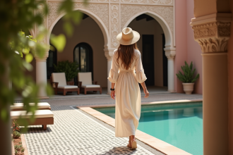 Femme en robe linen dans une cour marocaine luxueuse