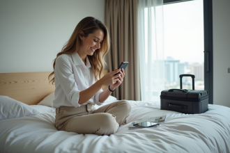 Femme souriante dans un hôtel en voyage avec valise