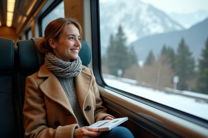 Jeune femme dans un train suisse avec vue sur montagnes enneigees