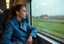 Meilleur système ferroviaire d’Europe : quel pays choisir ? Jeune femme en trench bleu regardant par la fenetre du train