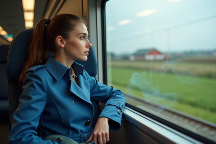 femme-voyage-train-automne Jeune femme en trench bleu regardant par la fenetre du train