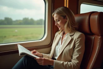 Femme élégante lisant un magazine dans un train en Italie