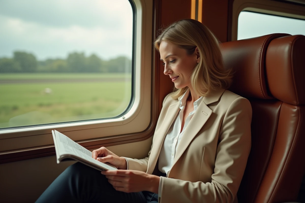 Femme élégante lisant un magazine dans un train en Italie