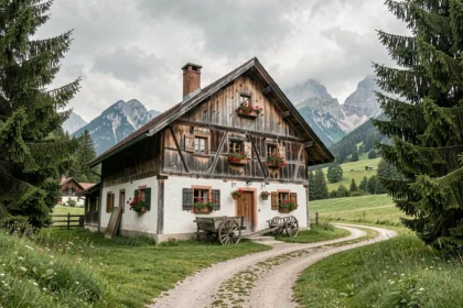 Ferme bavaroise traditionnelle à colombages avec des géraniums rouges aux fenêtres dans un village proche de Gummering, Bavière