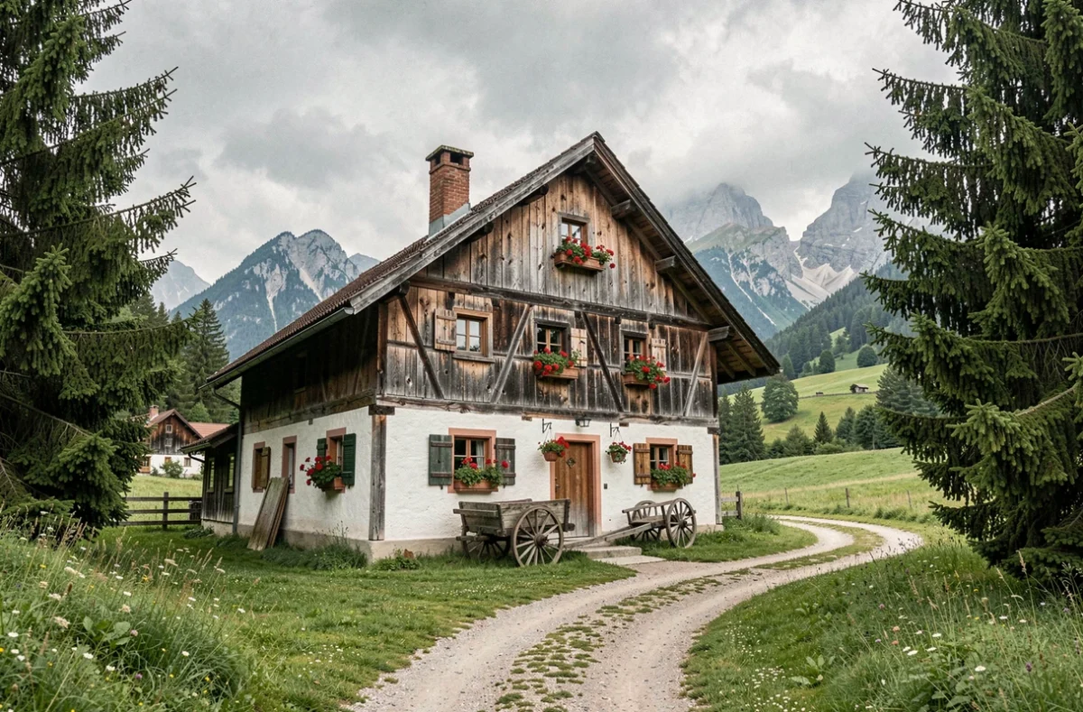 Ferme bavaroise traditionnelle à colombages avec des géraniums rouges aux fenêtres dans un village proche de Gummering, Bavière