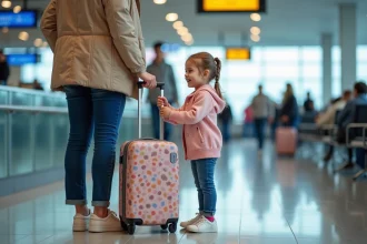 Fille souriante avec mère à l'aéroport avec valise colorée