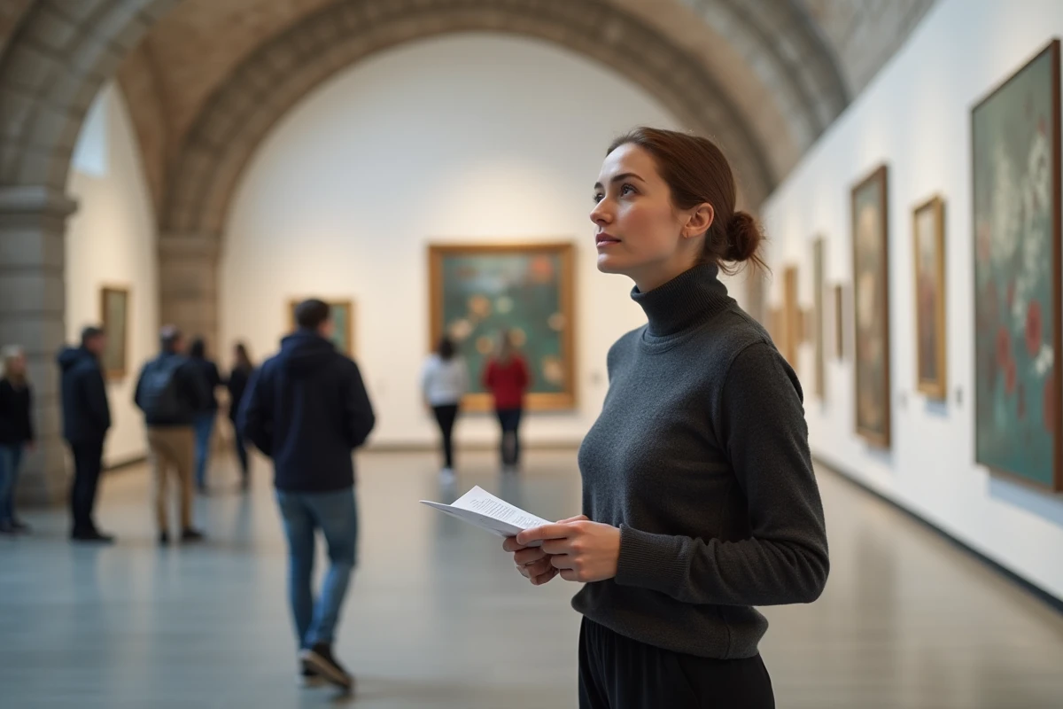 Femme contemplant une œuvre abstraite dans une galerie d'art moderne de Dublin aux murs blancs et plafonds voûtés en pierre