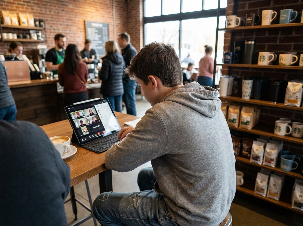 Garçon en sweat dans un café animé utilisant une tablette
