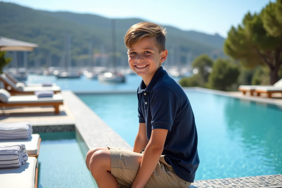 Garçon souriant au bord de la piscine à Porto Cervo