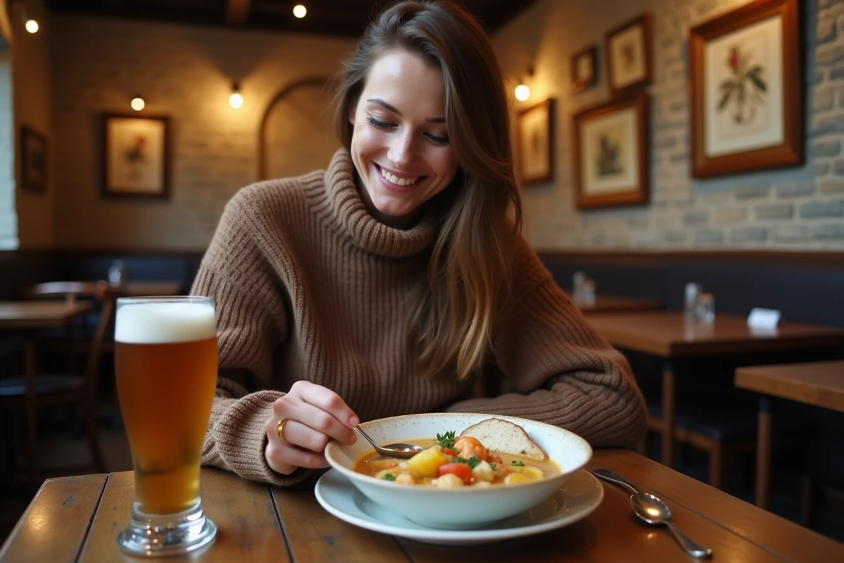 Femme savourant un chowder de fruits de mer irlandais avec pain de soda brun dans un restaurant de quartier à Dublin
