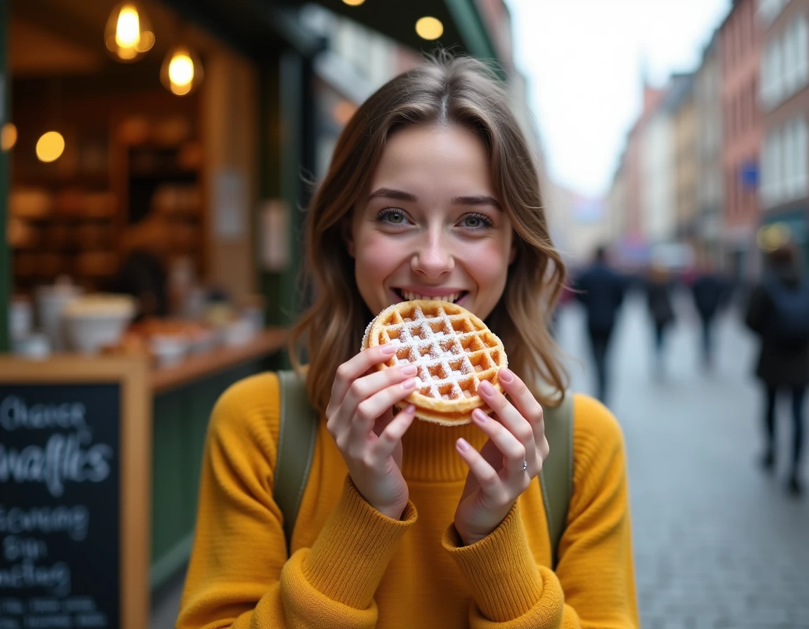 Jeune femme dégustant une gaufre belge dans une rue piétonne de Bruxelles lors d'une visite à petit budget