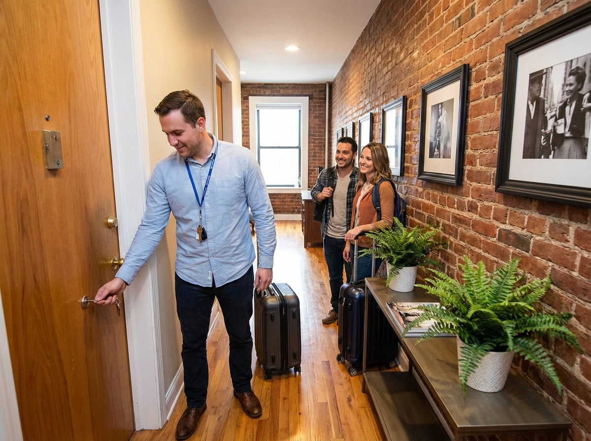 Gestionnaire immobilier accueillant des touristes dans un appartement