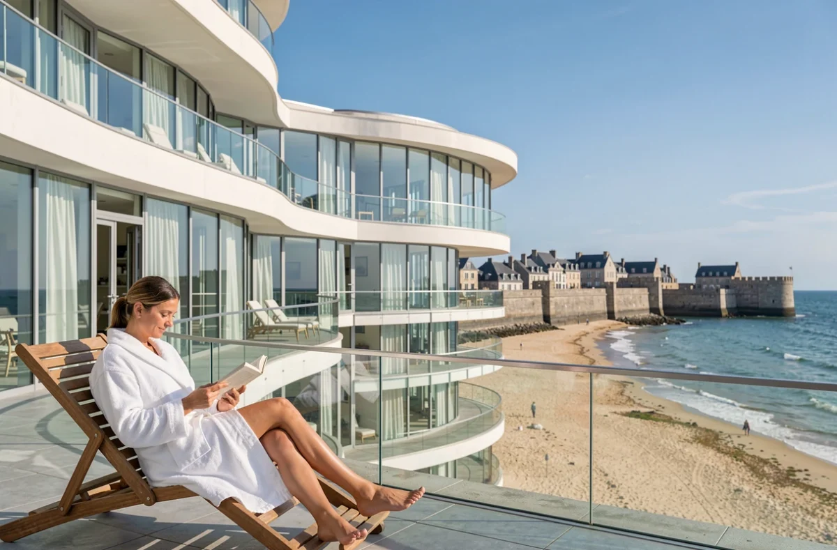 Façade du Grand Hôtel Des Thermes de Saint-Malo avec vue sur la plage et l'Atlantique, terrasse avec transats en bois