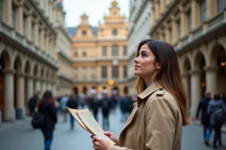 Touriste admirant la façade dorée de la Grand-Place de Bruxelles avec une carte en main