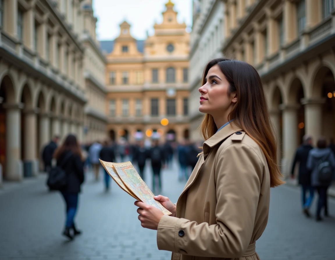 Touriste admirant la façade dorée de la Grand-Place de Bruxelles avec une carte en main
