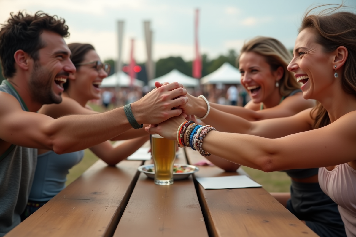 Groupe d amis riant avec bracelets festival aux poignets