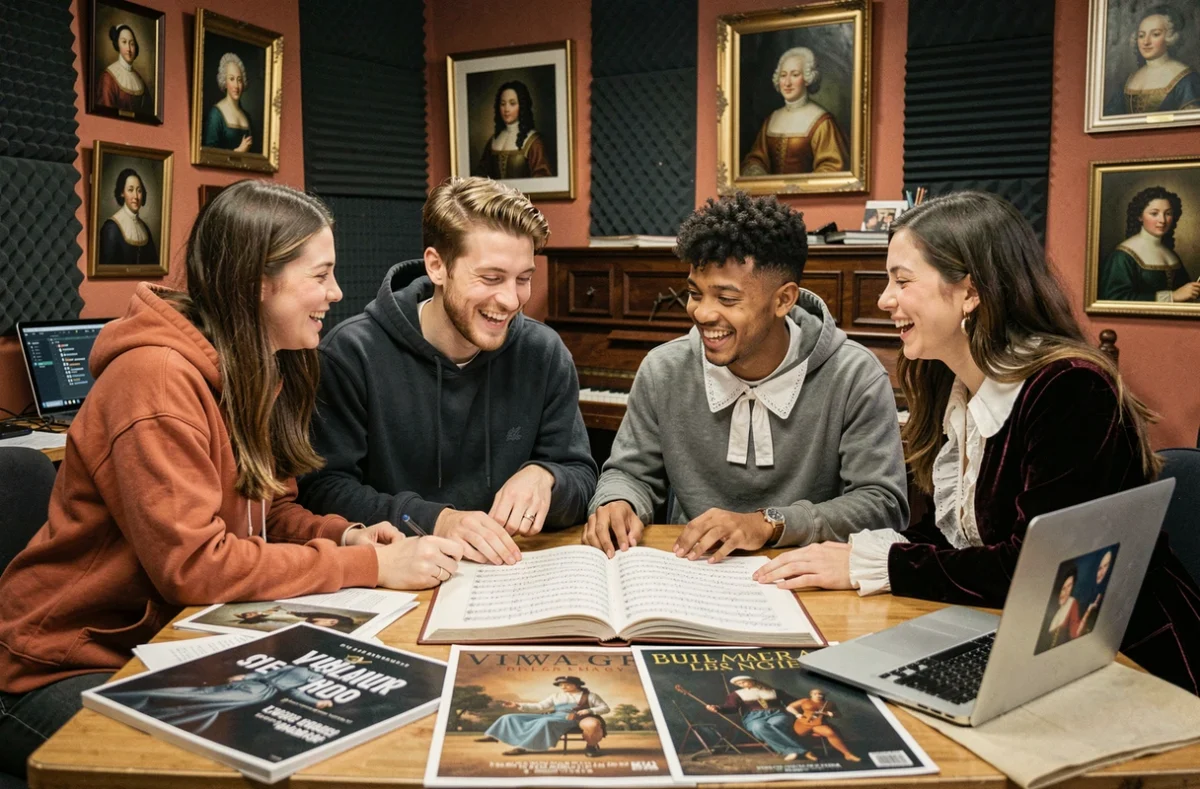 Groupe de jeunes musiciens mêlant culture baroque et pop contemporaine lors d'une session de travail créatif en studio de répétition