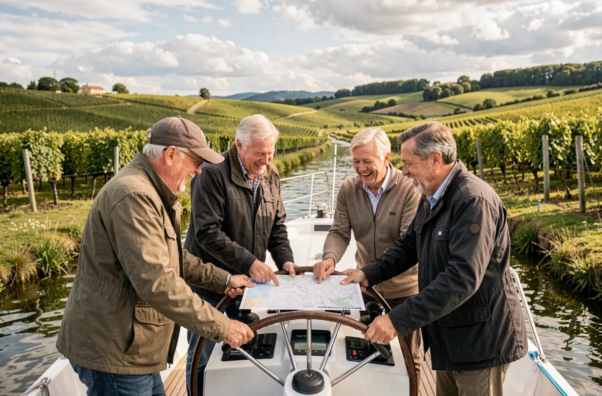 Groupe de voyageurs à la barre d'un bateau fluvial autoguidé sur les canaux de Bourgogne entourés de vignes et de collines verdoyantes