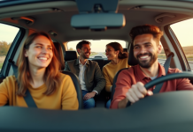 Groupe de jeunes partageant une voiture en carpooling joyeux