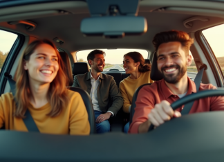 Groupe de jeunes partageant une voiture en carpooling joyeux