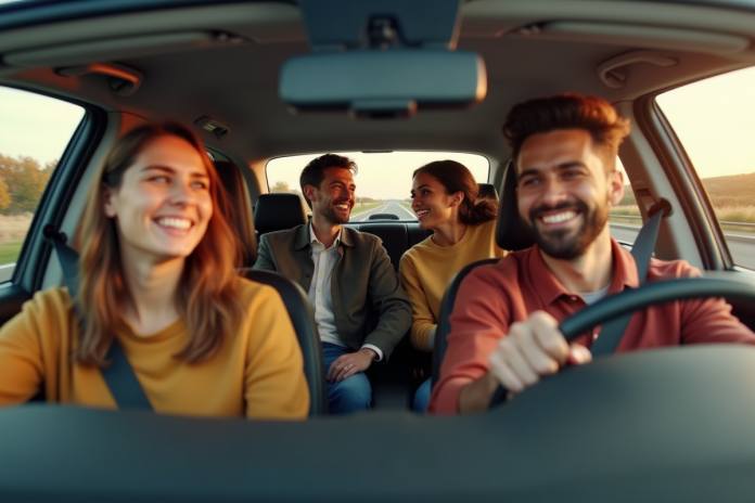 Groupe de jeunes partageant une voiture en carpooling joyeux