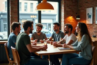 Groupe de jeunes voyageurs discutant dans un lounge moderne