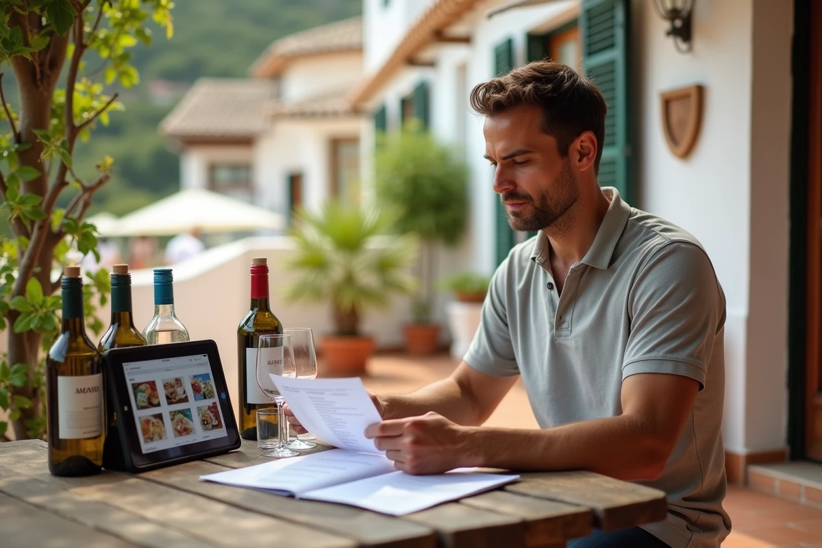 Homme consultant un guide d'achat d'alcool sur tablette entouré de bouteilles de vin espagnol sur une terrasse