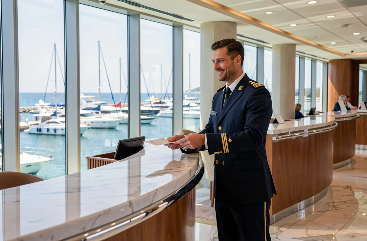 Agent d'accueil en uniforme dans le hall d'embarquement d'un bateau de croisière avec vue sur le port
