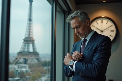 Homme d affaires regardant sa montre près de la tour Eiffel